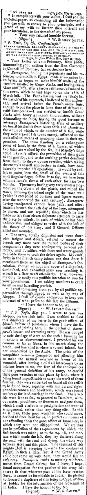 Sidney Smith, Napoleon Siege of Acre, The Times, Friday, Aug 02, 1799