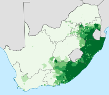 Proportion (percent) of the population that speaks a Nguni language at home.          0–20%      20–40%      40–60%        60–80%      80–100% 