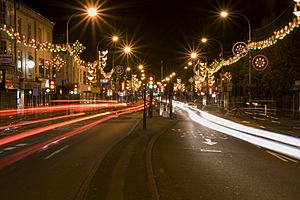 Streets with festive lighting, Diwali Leicester - Belgrave Road England 2009.jpg