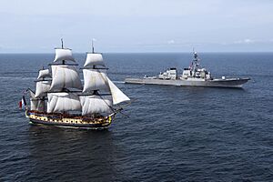 The Hermione being escorted by the USS Mitscher (DDG-57) (1)