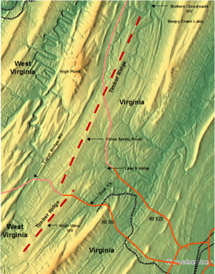 Timber Ridge (map of), a geographic feature on the border of VA and WV (USA)