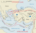 A high concentration of fault lines in northwestern Turkey, where the Eurasian and African plates meet; a few faults and ridges also appear under the Mediterranean