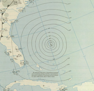 A contoured map depicting the hurricane; roughly concentric circles trace lines of like pressures, and the storm, marked with an 'L', lies at the center of these circles.