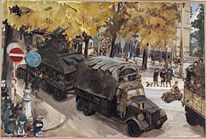 A Convoy Moving Up to the Front, Avenue Louise, Brussels - October 1944 Art.IWMARTLD4995