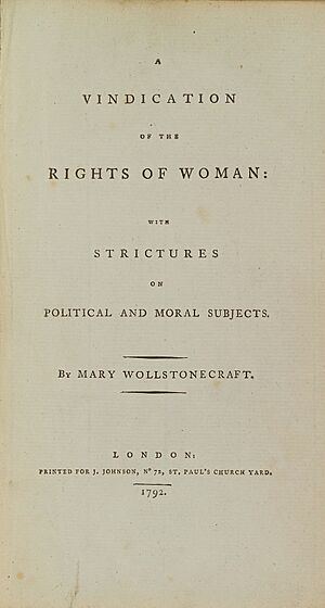 Title page of a book, reading "A VINDICATION OF THE RIGHTS OF WOMAN: WITH STRICTURES ON POLITICAL AND MORAL SUBJECTS. BY MARY WOLLSTONECRAFT. PRINTED AT BOSTON, BY PETER EDES FOR THOMAS AND ANDREWS, Faust's Statue, No. 45, Newbury-Street, MDCCXCII."