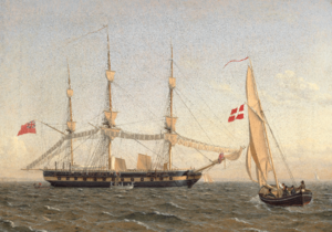 C. W. Eckersberg, En engelsk fregat til ankers, som tørrer sejl, og en dansk lodsbåd, 1822.png