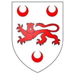shield of arms of Dillon showing a red lion passing between three halfmoons on a white ground
