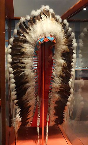 Headdress owned by Sitting Eagle (John Hunter), Nakoda, early 1900s, front view, eagle feathers, rabbit fur, horsehair, hide, glass beads - Glenbow Museum - DSC00933