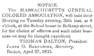 Massachusetts General Colored Association Notice, April 27, 1833