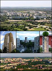 Top: Planoise from Rosemont Hill.  Centre: the tower of Planoise; Époisses sector; the Diversity statue.  Bottom: View from the hill of Planoise.