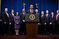 President Barack Obama delivers remarks announcing the finalization of a $26 billion settlement