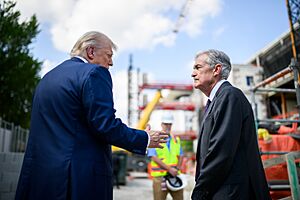 President Donald Trump speaks to Fed Chair Jerome Powell during a tour of the Federal Reserve (54678991885)