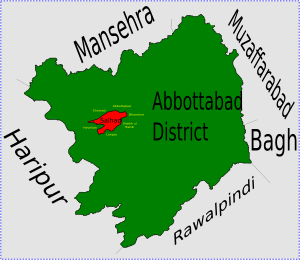 Location of Salhad Union Council (highlighted in red) within Abbottabad District, the names of neighbouring districts to Abbottabad are also shown