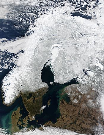 Satellite photo of the Fennoscandian Peninsula and Denmark, as well as other areas surrounding the Baltic Sea, in March 2002.
