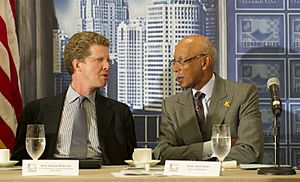 Secretary Shaun Donovan in Detroit, Michigan, (where he met and held a press conference with Detroit Mayor Dave Bing and other city leaders, and spoke at the Detroit Economic Club o - DPLA - 120ae7d37e2f708857e30dcfd95c4b66 (cropped1)