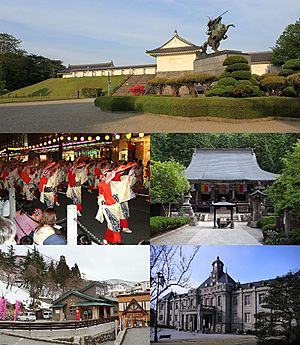 Above:View of Kajō Park and Statue of Yoshiaki Mogami, Middle:Yamagata Hanagasa Festival, Yama-dera (Risshaku Temple), Bottom:Zaō Spa, Yamagata Prefectural Folk Museum (all items from left to right)
