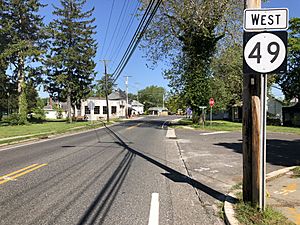 2019-05-15 09 44 30 View west along New Jersey State Route 49 (Main Street) at Buttonwood Avenue in Shiloh, Cumberland County, New Jersey