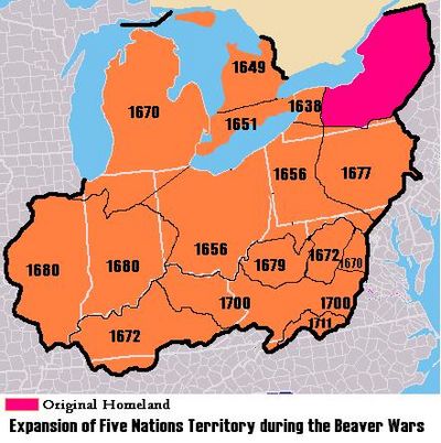 Map of Iroquois expansion during Beaver Wars 1638-1711. The fur trade allowed the Iroquois to purchase dominant European weapons and take over lands of many tribes in the Great Lakes.