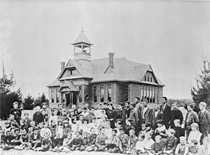 A group of students outside of Lankershim School in San Fernando Valley, California, ca.1889 (CHS-6646)