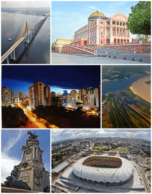 Top left, clockwise: Manaus–Iranduba Bridge; Amazon Theatre; Meeting of Waters; Amazon Arena; Opening of the Ports Monument and view of the city.
