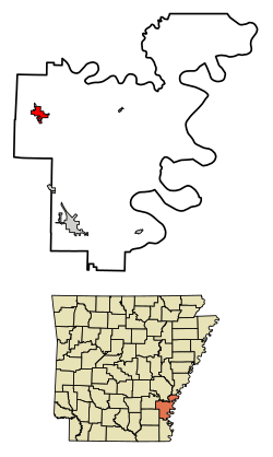 Location of Dumas in Desha County, Arkansas.
