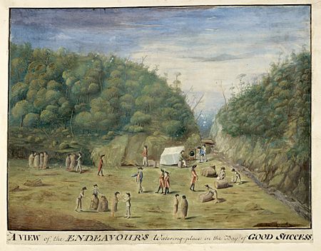 Endeavour's watering place in the Bay of Good Success, Tierra del Fuego - Drawings made in the Countries visited by Captain Cook in his First Voyage (1769), f.11 - BL Add MS 23920