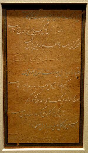 Folio from an album, Mir Ali Shir Nawa I, calligrapher, Afghanistan, Herat, late 15th century AD, Chagatai Turkish text in Nastaliq script, ink, gold, color on paper, decoupage - Cincinnati Art Museum - DSC04236