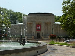 an exterior photograph of the Lilly Library with the Showalter Fountain in the foreground