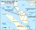 Map of southeast Asia that shows the southern tip of Vietnam in the upper right (northeast), Malay Peninsula (southern part of Thailand, part of Malaysia, and Singapore), upper part of Sumatra island, most of the Gulf of Thailand, southwestern part of the South China Sea, Strait of Malacca, and part of the Andaman Sea. The flight path of Flight 370 is shown in red, going from KLIA (lower centre) on a straight path northeast, then (in the upper right side) turning to the right before making a sharp turn left and flies in a path that resembles a wide "V" shape (about a 120–130° angle) and ends in the upper left side. Labels note where the last ACARS message was sent just before Flight 370 crossed from Malaysia into the South China Sea, last detection was made by secondary radar before the aircraft turned right, and where final detection by military radar was made at the point where the path ends.
