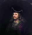 Man wearing a high beret with jewels and pearls, by Ferdinand Bol