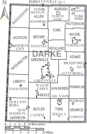 Map of Darke County Ohio With Municipal and Township Labels
