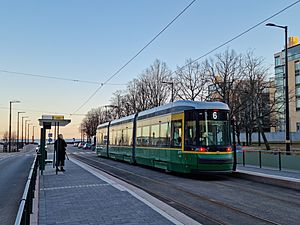 Munkkisaari tram stop at Telakkakatu in Eira, Helsinki, Finland, 2021 April