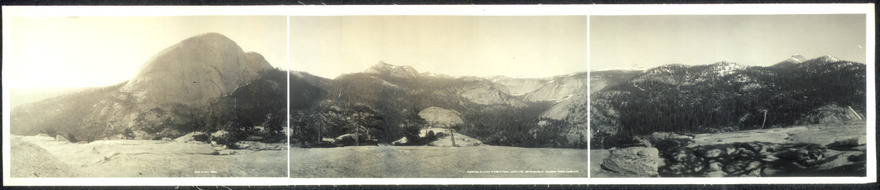 Panorama of Little Yosemite from Liberty Cap: Half Dome, Moraine Dome, Sugar Loaf Dome, Bunnell Point, Cascade Cliffs and Mount Starr King.