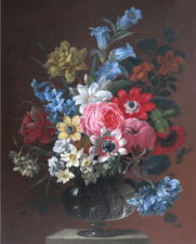 Sillett - A Still Life of Roses, Narcissi, Delphiniums and other Flowers in a glass Vase on a ledge