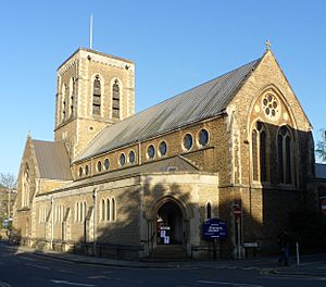 St Nicholas' Church, Bury Street, Guildford (April 2014, from Northwest) (1).JPG