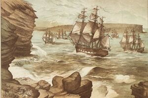 The First Fleet entering Port Jackson, January 26, 1788, drawn 1888 A9333001h(cropped)