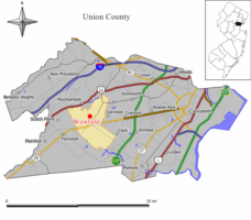 Map of Westfield in Union County. Inset: Location of Union County highlighted in the State of New Jersey.