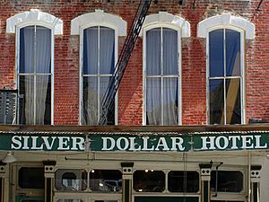 A351, Virginia City, Nevada, USA, Silver Dollar Hotel, upper facade, 2011