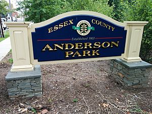 Anderson Park Sign showing Essex County and seal of Essex County Park System (Established 1895) above the Park Name along with the text "Established 1903"