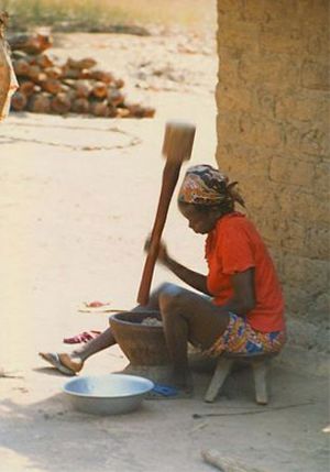 Central African woman pounding cassava root into fufu