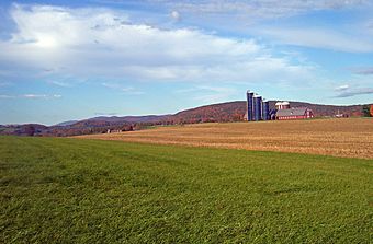 A landscape with a field and front and mountains showing fall color in the distance. At the right is a red barn with three blue silos in front and two older ones in back.