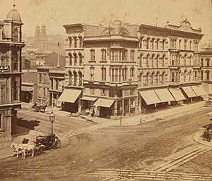 Corner of Kearny and Geary Streets, from Robert N. Dennis collection of stereoscopic views (right eye