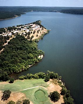 An aerial photo of Sequoyah State Park and Fort Gibson Lake