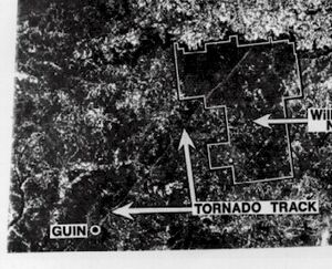 Guin, Alabama, 1974 tornado damage path ERTS-1 satellite image (cropped).jpg