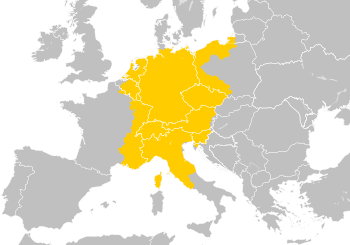      The Holy Roman Empire at its greatest extent in the early to middle 13th century during the Hohenstaufen dynasty (1155–1268) superimposed on modern state borders.