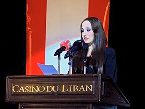 Lydia Canaan delivering a speech at Casino du Liban on Lebanon's Independence Day in 2014, Beirut Lebanon