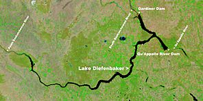 NASA satellite image of Lake Diefenbaker in Saskatchewan Canada.jpg