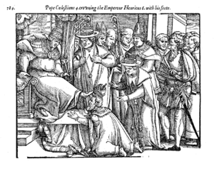 Pope Coelestinus 4. crowning the Emperour Henricus 6. with his feete