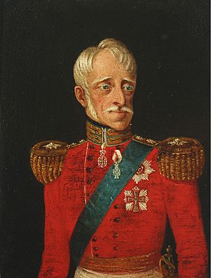 Portræt af Kong Frederik VI i rød uniformsjakke (Dansk maler 19. årh.)