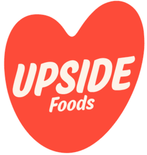 Pink orange heart with Upside Foods written inside with a thick marker font